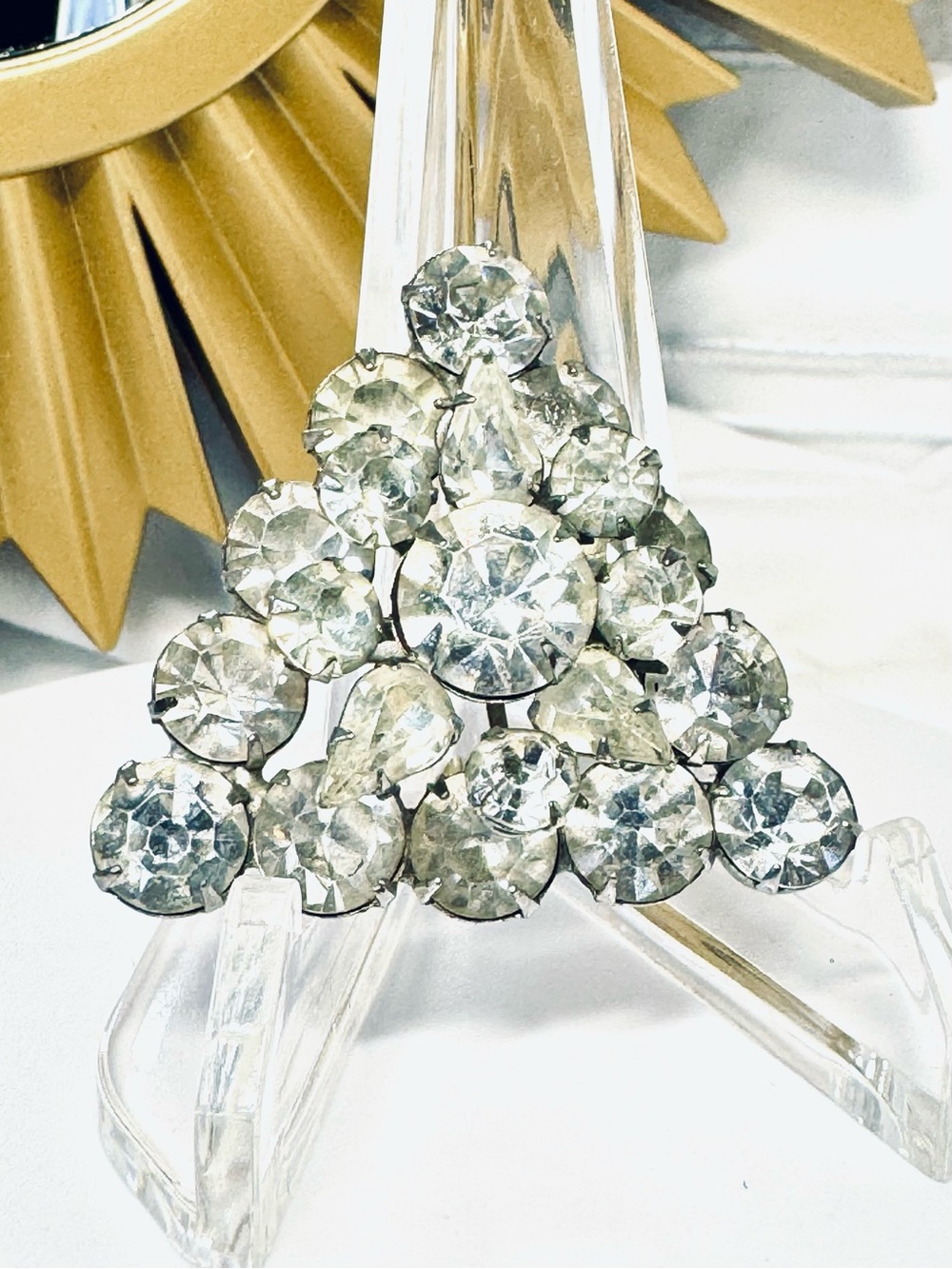 Crystal Cluster Triangle Brooch - Clear Rhinestone Accent